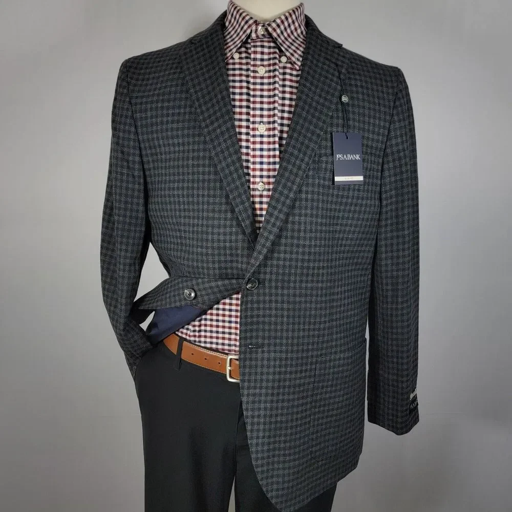 JOS A BANK Men's Sport Coat Two‎ Button Gray Black Check Wool Blend Slim Fit 46R